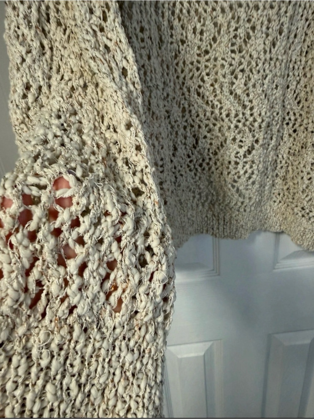 POL Oatmeal Crochet Open Knit Oversized V Neck Sweater M - Picture 4 of 5